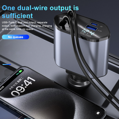 Retractable Car Charger 4 in 1 Fast Car Phone Charger 120W With USB Type C Cable