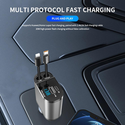 Retractable Car Charger 4 in 1 Fast Car Phone Charger 120W With USB Type C Cable