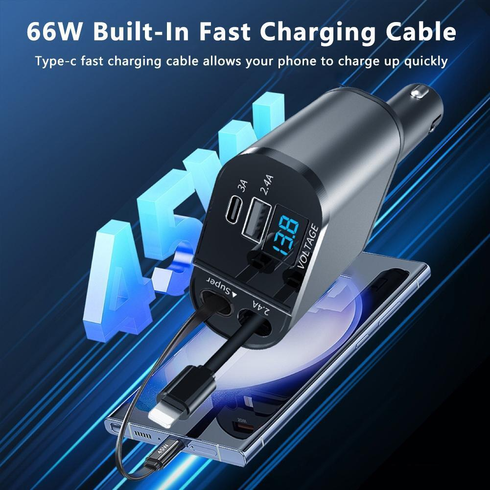 Retractable Car Charger 4 in 1 Fast Car Phone Charger 120W With USB Type C Cable