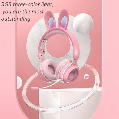 Cute Rabbit Wireless Headphones with RGB LED for Kids