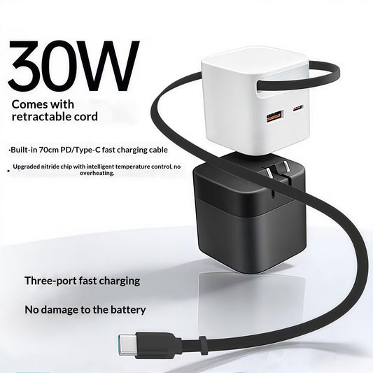 30W GaN Retractable Fast Charger Multi-Port