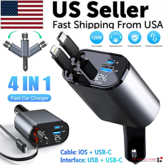 ORBAL 120W 4-in-1 Retractable Car Charger
